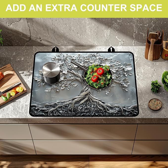 Glass stove top cover 28"x 20", Stove Top Covers for Electric Stove, Flat Range Mat for Glass Cooktop, Kitchen Heat-Resistant Protector Non-Slip Drying Mat (Silver Tree of Life)