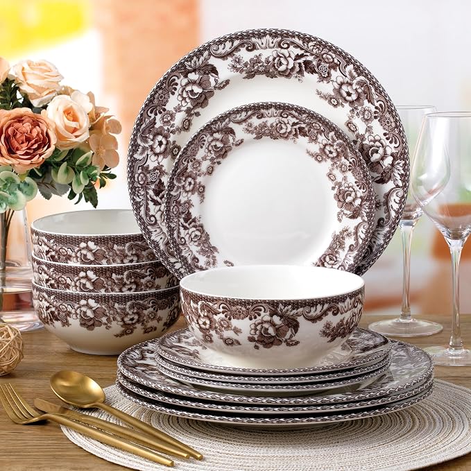Montana 12-Piece Chip-Resistant Porcelain Dinnerware Set – Service for 4 | Reinforced Scratch-Shield Glaze | Large 25oz Deep Bowls | Elegant Brown Floral Border | Dishwasher, Microwave, & Oven Safe