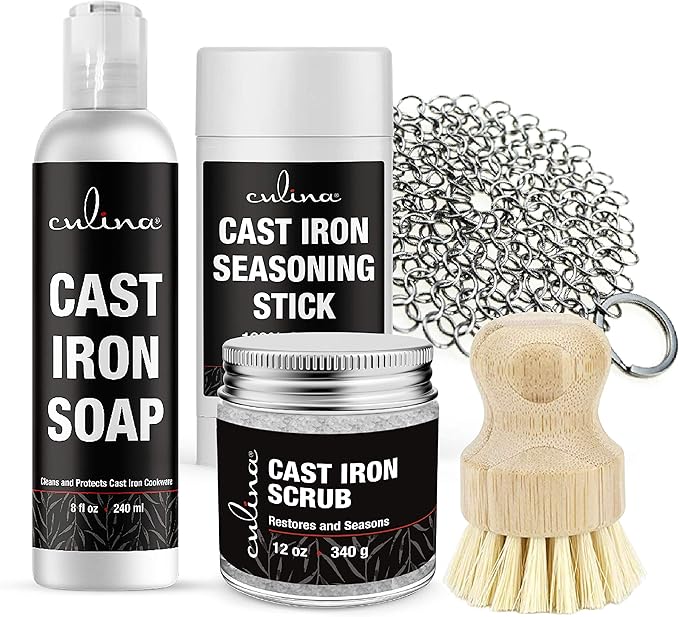 Culina Cast Iron Seasoning Stick & Soap & Restoring Scrub & Stainless Scrubber & brush| All Natural Ingredients | Best for Cleaning, Non-stick Cooking & Restoring | for Cast Iron Cookware, Skillets