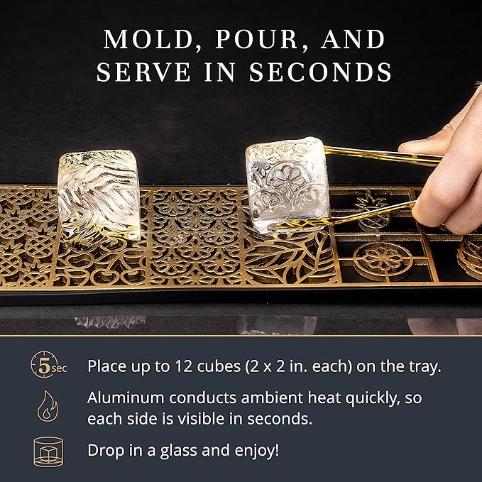 Clear Ice Cube Maker Design Tray - Craft Modern Ice Molds for Bourbon & Cocktails in 5 Seconds - Whiskey Mold Cube Stamp – Bartender Accessories - Copper Ice Press Cocktails by Ash Harbor (Botanicals)