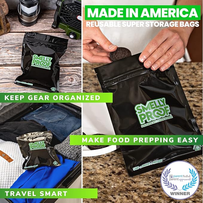 Smelly Proof Reusable Food Storage Container Bags Bundle - USA-Made, NO PEVA & BPA FREE, Easy Clean Dishwasher-Safe Freezer Bags, NO SMELL Triple Zip BLACK 4 mils FLAT, Pack of 25
