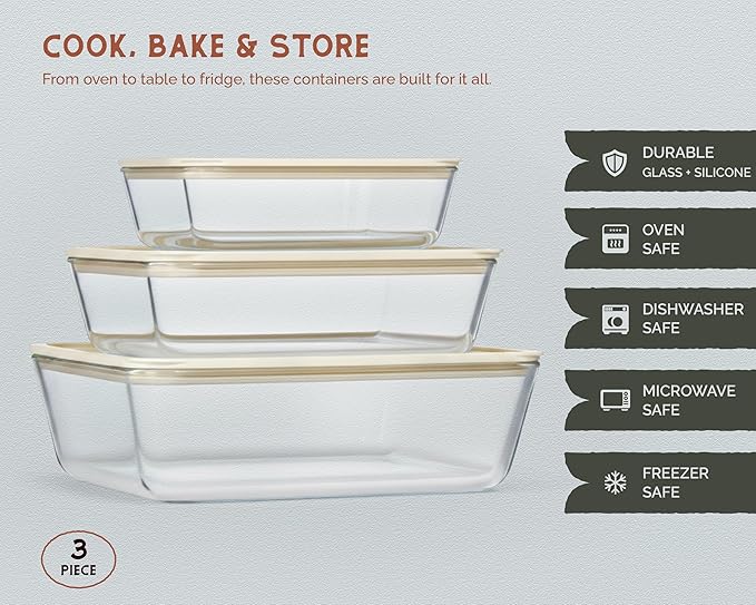 Vase and Vessel Glass Storage Container Set, Borosilicate Glass, Tempered Glass Lids, Baking Pan, Airtight with Vents, Microwave, Oven & Dishwasher Safe, (Rectangular - Set Of 3)