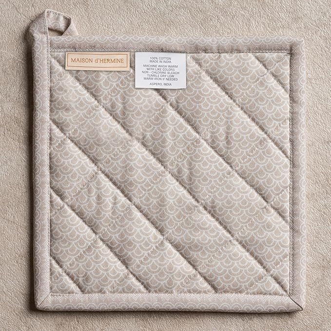 Maison d' Hermine Pot Holders 100% Cotton Heat Resistant Potholders 8" x 8" Hot Pads with Loop BBQ Cooking Baking Gifts for Mothers Day Handling Hot Pans Spring/Summer (Pack of 2, Ibiza - Beige)