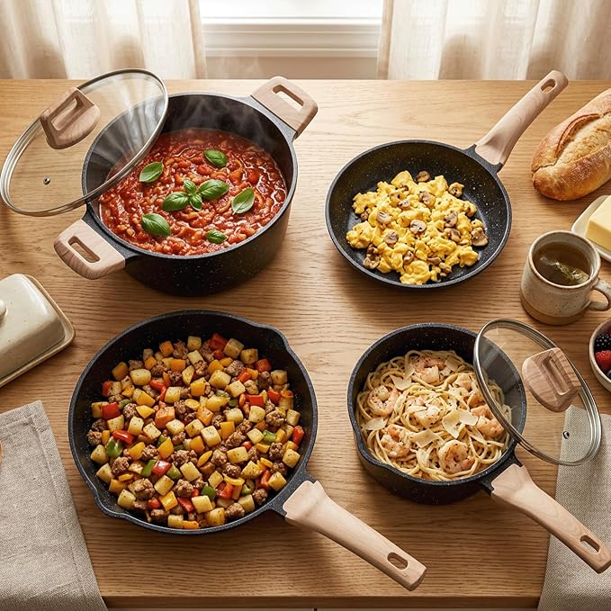 HealSmart 25Pcs Ceramic Cookware Set, Non-Toxic Nonstick Cooking Pots & Pans with Heat Resistant Grips, Complete Induction Compatible Kitchen Kit Including Multi-Size Frying Pans, Black