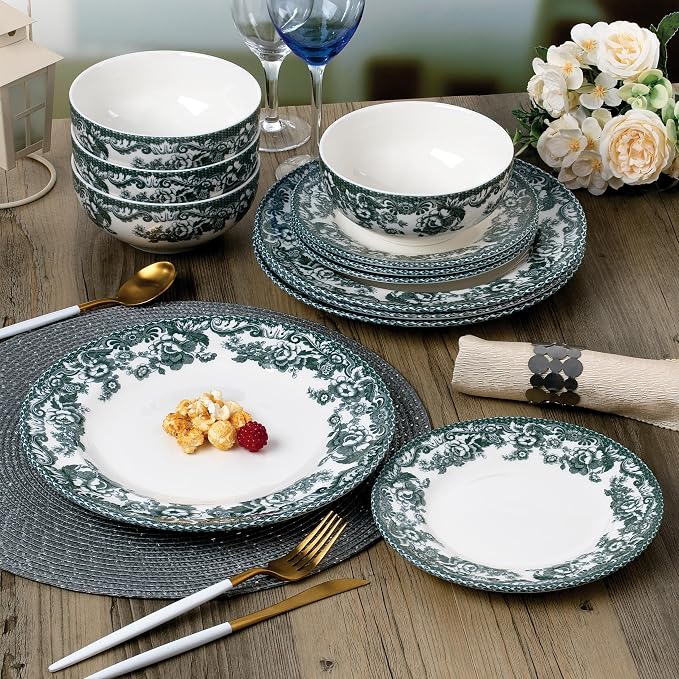 Montana 12-Piece Chip-Resistant Porcelain Dinnerware Set – Service for 4 | Reinforced Scratch-Shield Glaze | Large 25oz Deep Bowls | Elegant Green Floral Border | Dishwasher, Microwave, & Oven Safe