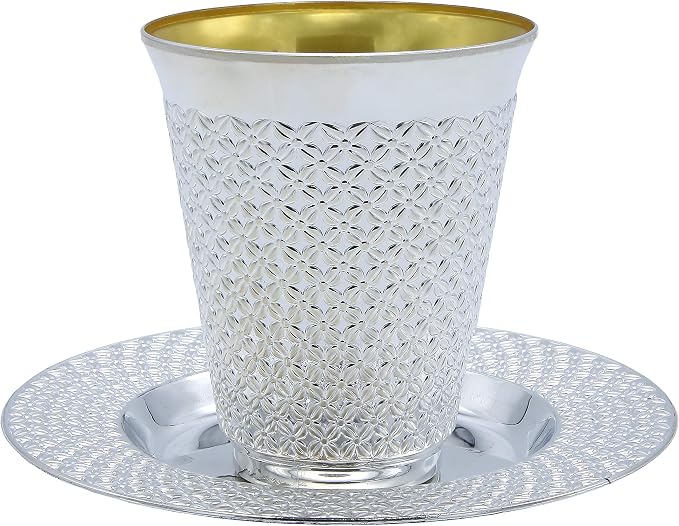 Exquisite 5.5 oz Disposable Plastic Kiddush Cup and Tatz Silver Cup and Saucer Set for Passover, Shabbat, Wedding, Brit and Year Round -10 Count - 5 Sets