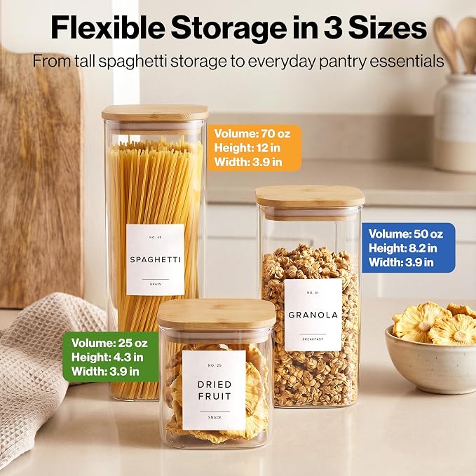 EDELHAUS Glass Storage Containers with Lids - Canister for Pantry Food | Bamboo Lids White Labels Set of 5 - cereal flour sugar rice coffee tea spice pasta noodles dry goods 54 pre-printed labels