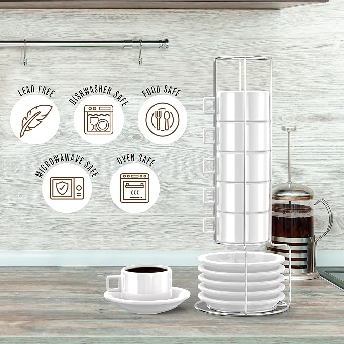 Houseables Espresso Cup Set, Espresso Cups Stackable, Expresso, Demitasse, with Saucers, Stand, Spoons, Coffee Mugs, Juego De Tazas Para Cafe, Porcelain, Stacking, 19 Pieces, Set of 6, 2.5 oz, White