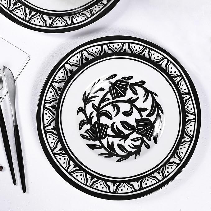 Melamine Dinnerware Sets-12pcs Melamine Plates and Bowls Set, Unbreakable, Dishwasher Safe, Indoor Outdoor Use, Ideals for Parties, Camping Dish Set, Black and White Pattern