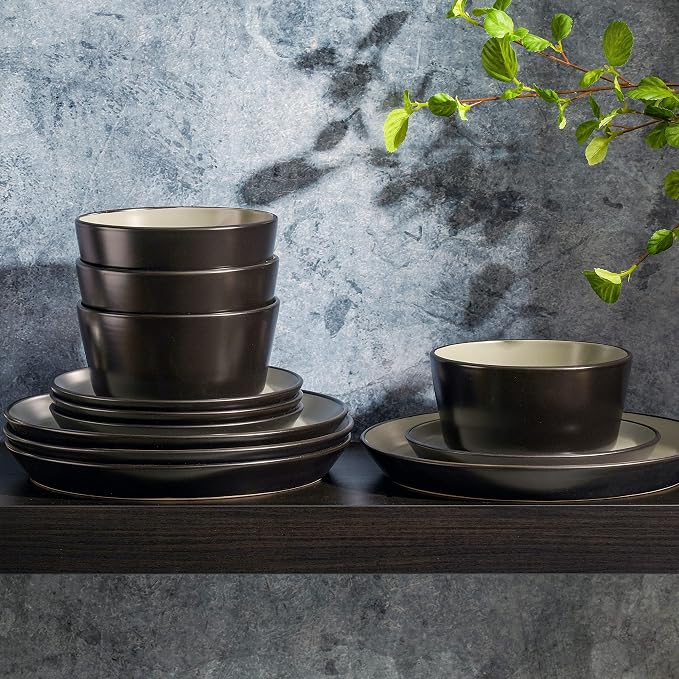 Gibson Soho Lounge Sofia Coupe 12-Piece Stoneware Dinnerware Set, Service for 4 – Grey Plates and Bowls