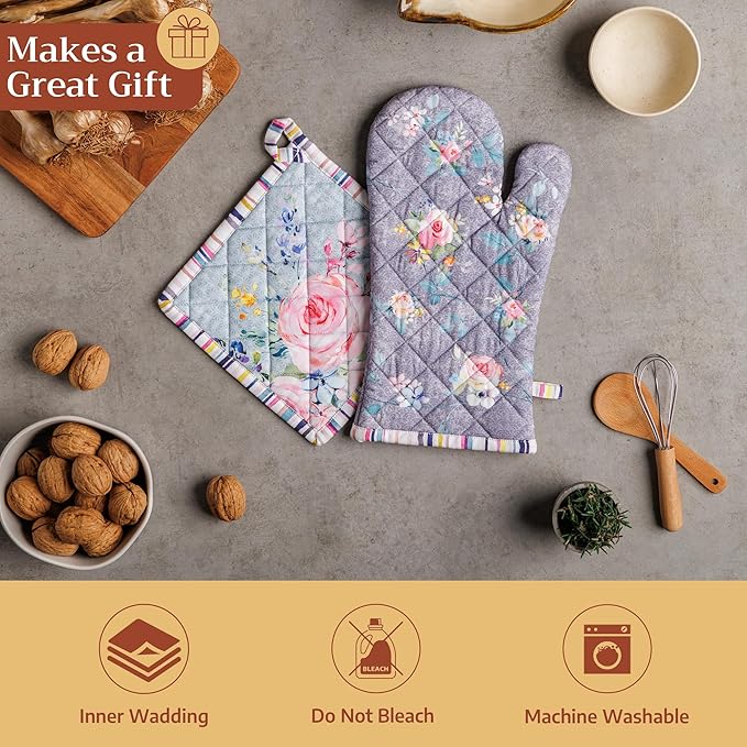 Maison d' Hermine 100% Cotton Oven Mitt & Pot Holder Set (7.5"x13" & 8"x8") Heat Resistant BBQ Cooking Gloves with Loop Kitchen Gifts for Mothers Day Spring/Summer (Sweet Rose Lavender - Lush)