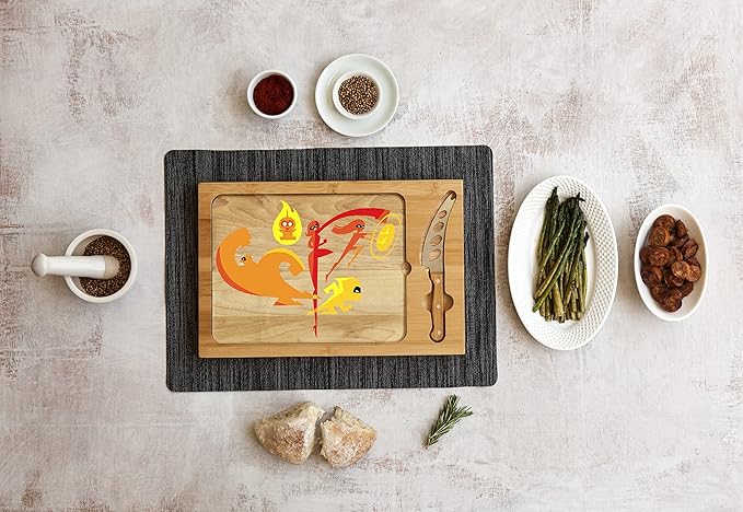 PICNIC TIME Disney The Incredibles Icon Glass Top Cheese Board and Knife Set, Charcuterie Serving Tray, Removable Tempered Glass, Parawood and Bamboo Design, (Parawood & Bamboo)