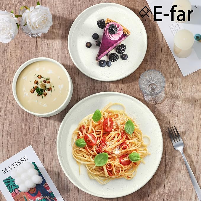 E-far 6-Piece Stoneware Dinnerware Sets, Plates and Bowls Set for 2, Kitchen Modern Dishes Set for Everyday & Formal, Chip and Scratch Resistant, Microwave & Dishwasher Safe, Speckled White