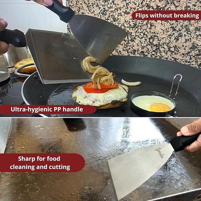 Gamalou® 7 Pcs Smash Burger Press Kit: Stainless Steel Burger Smasher, 6x5" Spatula, 4" Scraper, 2 Melting Domes, Seasoning Shaker, Egg Ring, Griddle Accessories for Blackstone, Grill, Frying Pan