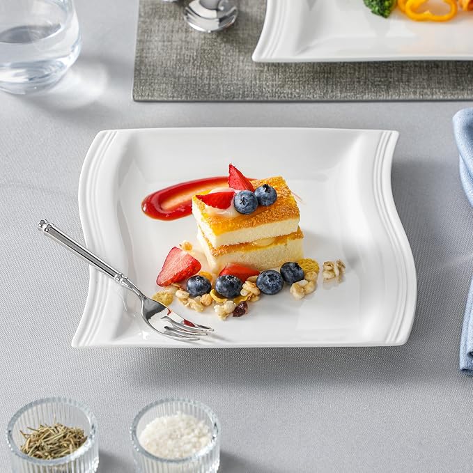 MALACASA Ivory White Dinnerware Set, 12 Pieces - Porcelain Dinner Plates, Dessert Plates and Bowls, Square Flora Pattern