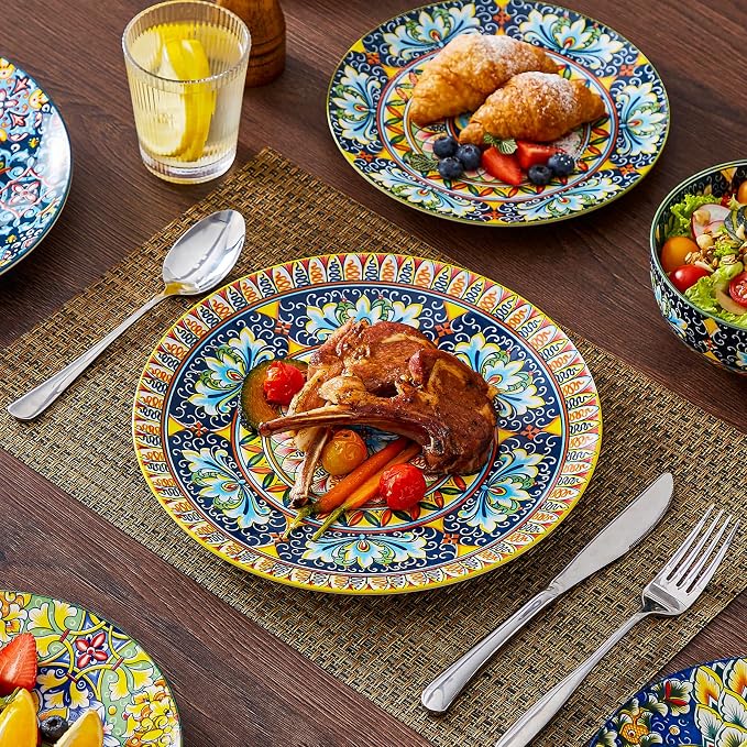 vancasso 18 Pieces Dinnerware Sets, Plates and Bowls Set, Porcelain Dishes Set for 6, Microwave and Dishwasher Safe, Scratch Resistant, Bohemian Style Dining Ware Service for 6, Series SIMI
