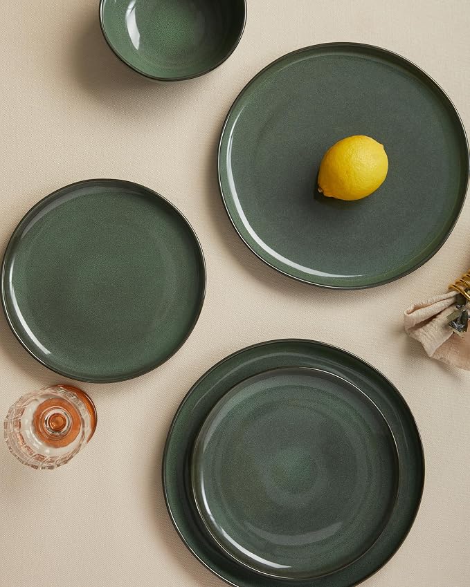 Pokini Plates and Bowls Sets for Family of 6, Ceramic Dinnerware Sets, Kitchen Dish Set, Microwave & Dishwasher Safe Dishware, Highly Durable Reactive Glazed Dinner Set, Forest Green
