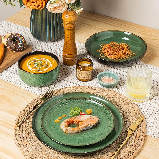 LeRatio Ceramic Dinnerware Sets for 6,Porcelain Plates and Bowls Sets,Handmade Reactive Glaze Dishes Set,Chip Resistant and Scratch Resistant | Oven&Dishwasher & Microwave Safe-Green(18PCS)