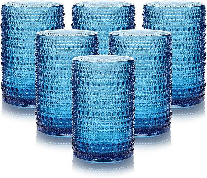 HomeVogue 15 oz Blue Hobnail Drinking Glasses with Straws Set of 6, Vintage Glassware Old Fashioned Beverage Glasses, Cocktail Glass Set, Kitchen Water Glasses Cup, for Beer, Smoothie, Juice