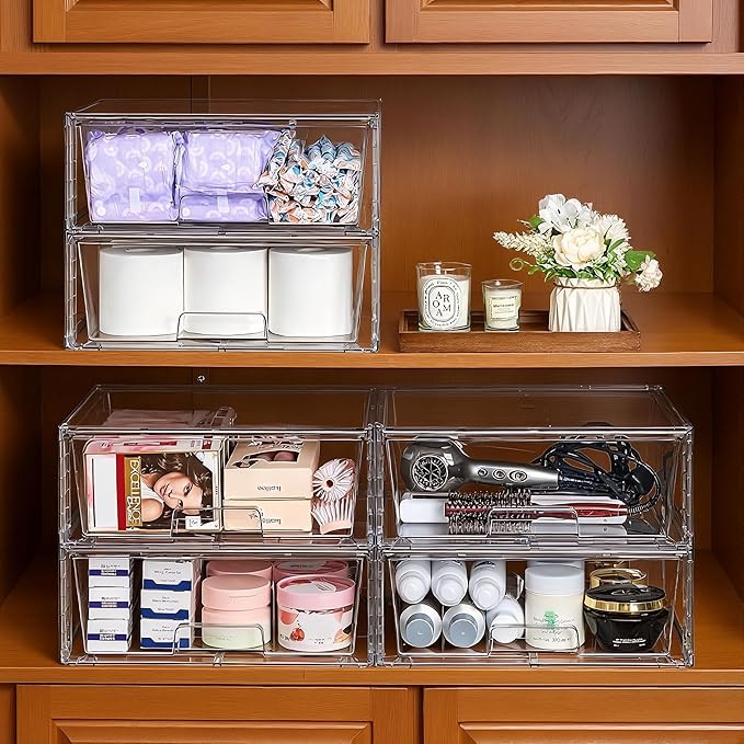 Wide Large Stackable Storage Drawers(2 Pack),Multi-purpose Clear Plastic Organizer Bins with Handles, Easy to Assemble for Bathroom Home Closet Under Sink Kitchen Pantry Medicine Cabinet