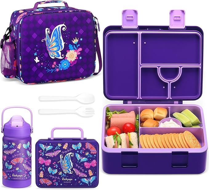 rockpapa Kids Lunch Box Set with 14oz Insulated Water Bottle & Lunch Bag, Leakproof 5.5 Cups Bento Box for School & Children, BPA-Free, Microwave Safe for Boys Girls (Purple Butterfly)