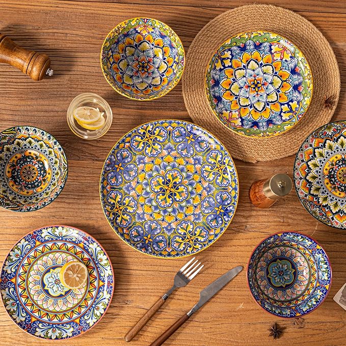 12-Piece Bohemian Floral Ceramic Dinnerware Set, Vibrant Mandala Floral Plates Bowls, Decorative Plates & Bowls, Microwave & Dishwasher Safe for Kitchen