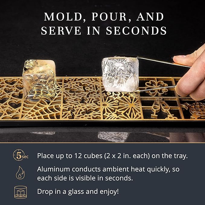 Clear Ice Cube Maker Design Tray - Craft Modern Ice Molds for Bourbon & Cocktails in 5 Seconds - Whiskey Mold Cube Stamp – Bartender Accessories - Copper Ice Press Cocktails by Ash Harbor (Holidays)