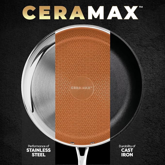 CERAMAX Gotham Steel Hybrid 3pc Stainless Steel Non Stick Frying Pans Set, 8 10 12 inch Ceramic Frying Pan Skillet Set, Induction Ready, Made without PFAS & PFOA, Oven and Dishwasher Safe - Copper