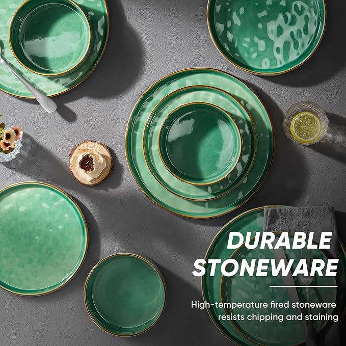 E-far 16-Piece Plates and Bowls Sets with Pasta Bowls - Stoneware Dinnerware Set for 4, Modern Ribbed Dishes, Microwave & Dishwasher Safe, Reactive Green