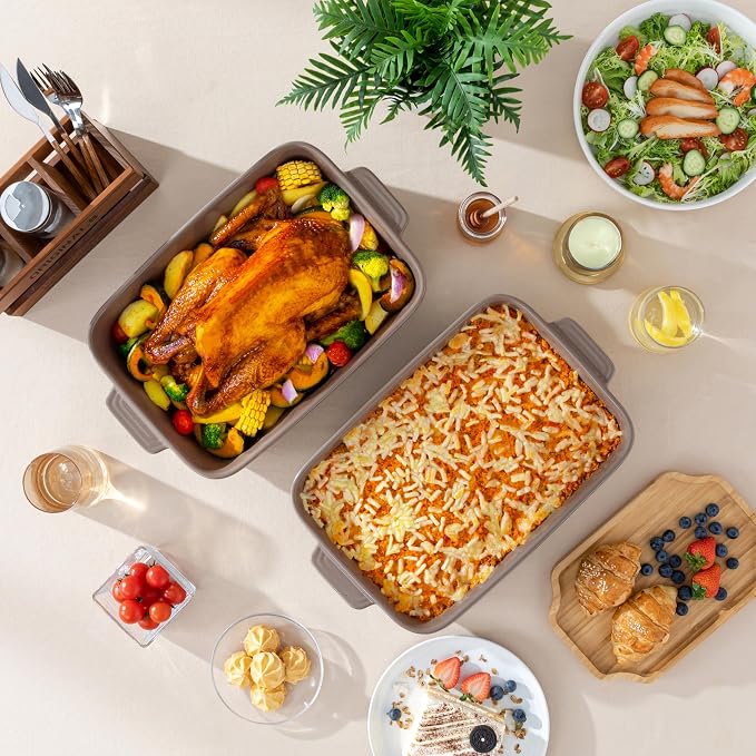 MALACASA 4.8 Qt Lasagne Dishes for Oven, 9 x 13 Inches Brown Ceramic Oven Dish with Handles, Deep Rectangular Baking Dish Casserole Dishes, Lasagna Pan Bakeware for Roasting, Series TARA