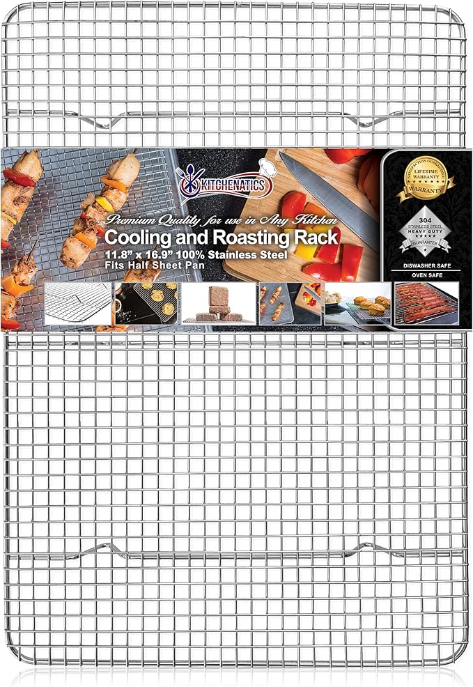 KITCHENATICS Half Sheet Wire Rack Rust Free Even Airflow 11.8 x 16.9 Inches | Fits inside a standard half sheet pan to lift food for even heat while baking, grilling or cooling