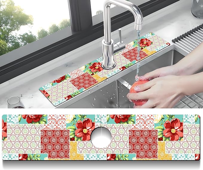 Kitchen Sink Splash Guard Faucet Mat Super Absorbent Fast Drying Mat Sink Gadgets Splash Guard Behind Faucet Drip Catcher for Kitchen (Boho Trellis, 23.5x5.5in)