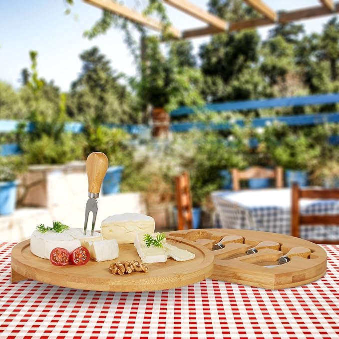 Relaxdays Cheese Board with Cheese Knife Set, HD 4 x 33 cm, Swivel Cheese Plate, 4 Piece Cheese Cutlery, Bamboo & Stainless Steel, Natural