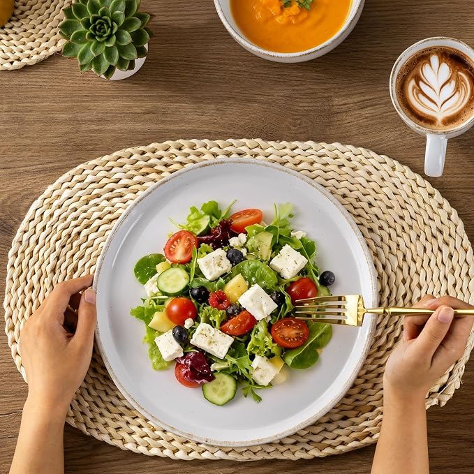 AmorArc 24 Pieces Ceramic Dinnerware Sets for 8, Handpainted Stoneware Plates and Bowls Set with Rustic Terracotta Underside, Scratch Resistant Dishes Set, Dishwasher & Microwave Safe, White