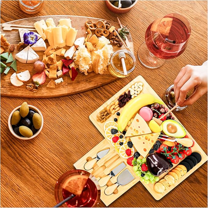Bamboo Cheese Board and Knife Set – Wooden Serving Platter with Hidden Utensil Drawer – Charcuterie Board for Cheese, Meat, Fruits & Crackers – Elegant Serving Tray for Parties & Gifts