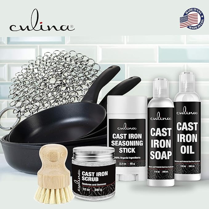 Culina Cast Iron Seasoning Stick & Soap & Restoring Scrub & Stainless Scrubber & brush| All Natural Ingredients | Best for Cleaning, Non-stick Cooking & Restoring | for Cast Iron Cookware, Skillets