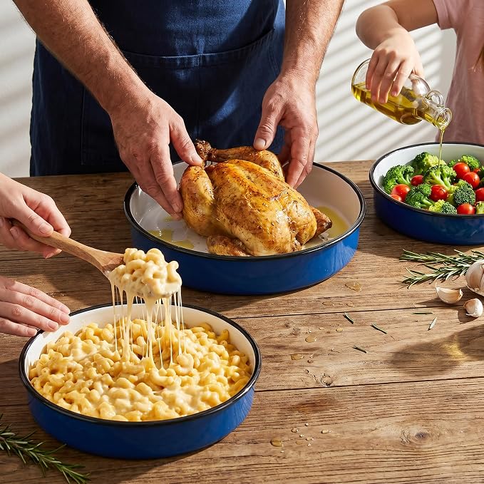 3-Pack Enamel Roasting & Baking Pan Set 10/12/14 Inch Round Cake Pans, High Temperature Resistant Baking Dishes for Turkey Pizza Casseroles Oven Bakeware PFOA & PTFE Free Ideal Gift for Mom - CookWare