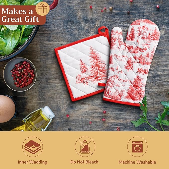 Maison d' Hermine Oven Gloves 100% Cotton Oven Mitt 7" x 13" with Loop Heat Resistant BBQ Cooking Gloves for Thanksgiving Christmas Decorations Baking Handling Hot Pans (Pack of 1, Winter Jouy)