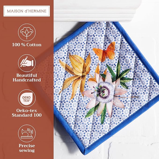 Maison d' Hermine Pot Holders 100% Cotton Heat Resistant Potholders 8" x 8" Hot Pads with Loop BBQ Cooking Baking Gifts for Mothers Day Handling Hot Pans Spring/Summer (Pack of 1, Passiflora)