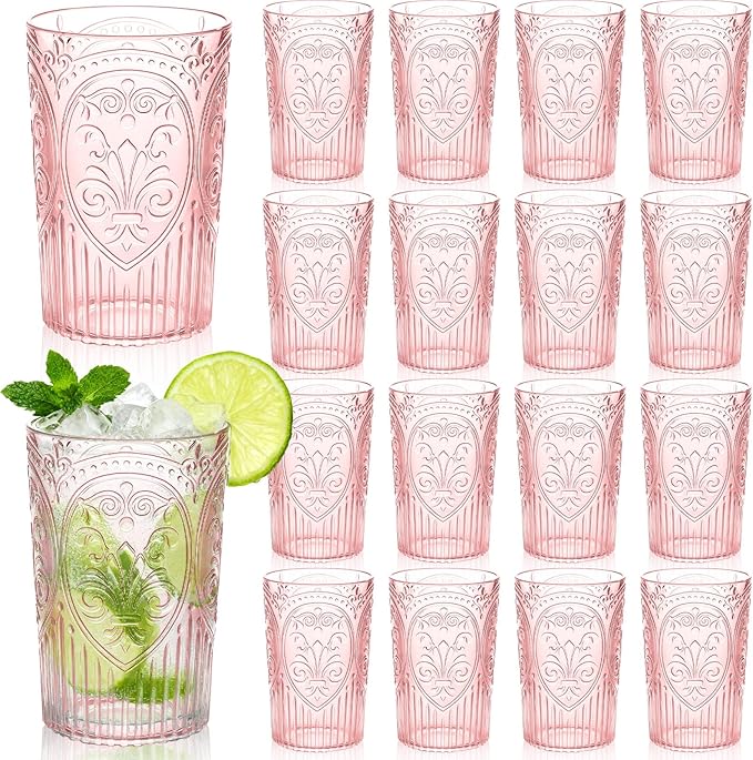 24 Pcs 16 oz Plastic Vintage Drinking Glasses Stemless Ribbed Highball Glasses Bulk Embossed Reusable Cup for Water Beer Cocktails Juice Wedding Bridal Shower Birthday Event Party (Pink)