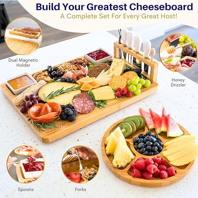 Large Charcuterie Boards Set: Bamboo Cheese Board and Knife Set- Unique for Mom 10 Entertaining Accessories, Christmas and Wedding Gifts for Couple, House Warming New Home