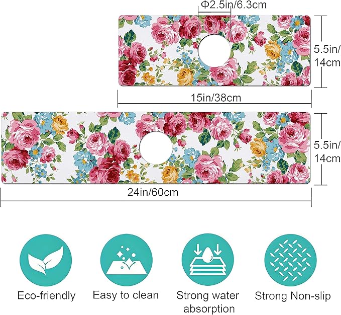 Kitchen Sink Splash Guard Faucet Mat -2 PC Super Absorbent Fast Drying Mat Sink Gadgets-Splash Guard Behind Faucet Drip Catcher for Kitchen, Bathroom,Sink Mat, Dish Drying Mat, Bathroom(15" X 5.5" )