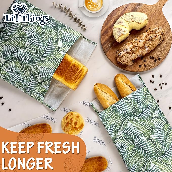 Sourdough Bread Bag – Reusable Beeswax Bread Storage Bags 2.0 (2 Sizes), Cotton-Layered, Breathable Bread Storage, Plastic-Free Kitchen Storage – Palm Leaves