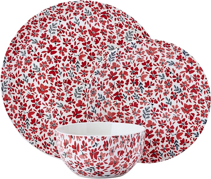 Pfaltzgraff Radiant Blossom 12 Piece Floral Stoneware Dinnerware Plate Bowl Dish Set, Service for 4, Red