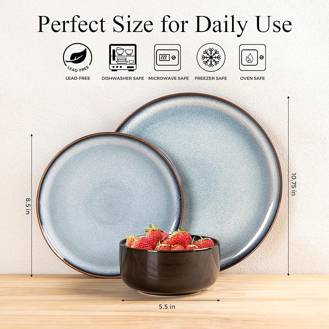 LeRatio Ceramic Dinnerware Sets for 4,Plates and Bowls Sets,Handmade Reactive Glaze Dishes Set,Chip Resistant and Scratch Resistant | Oven&Dishwasher & Microwave Safe,Service for 4-Black &Gray