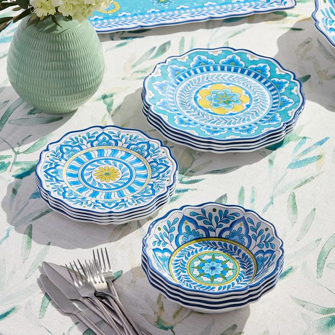 Porto 12 Pc. MELAMINE DINNERWARE SET, SERVICE for 4 – artistically designed Talavera Tile Art, Turquoise Blue Yellow Mandala