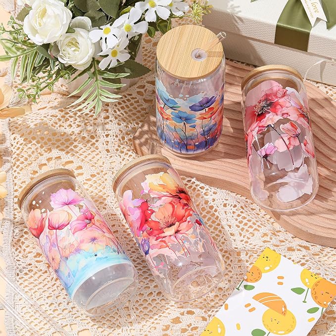 Mumufy 4 Pack Wildflower Glass Cups Gift Aesthetic Cute Glass Cup Tumbler Flower Iced Coffee Mugs 16 oz with Bamboo Lid & Straw, for Wedding Birthday Bridesmaid Mom Baby Shower