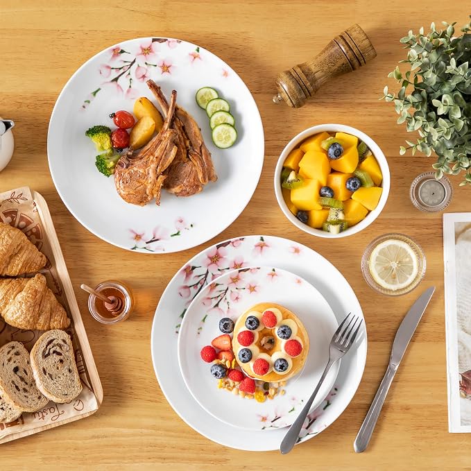 VEWEET Porcelain Dinnerware Sets for 4, 12 Pieces Plates and Bowls Set with Pink Floral, Kitchen Dishes Set Dining Ware for Family, Microwave and Dishwasher Safe, Series ANNIE