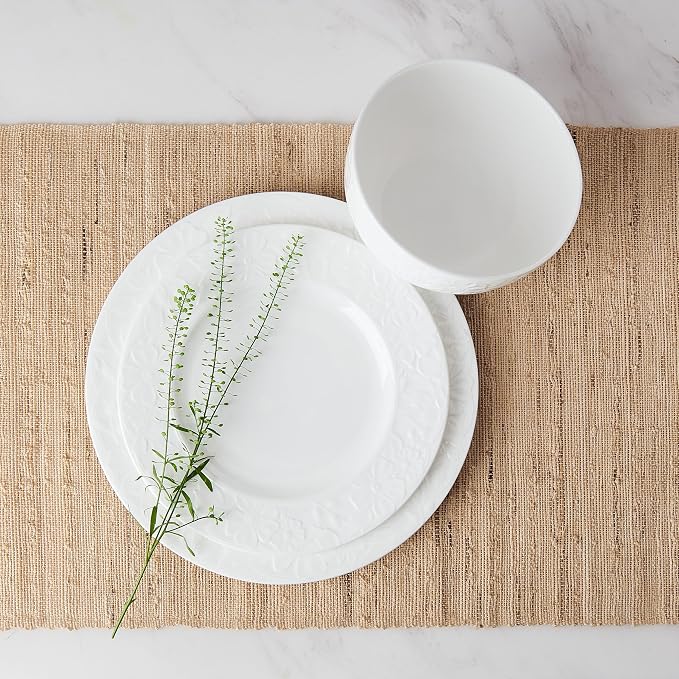 Mikasa Claire Floral Bone China Lightweight Chip Resistant 12 Piece Dinnerware Set, Service for 4, White