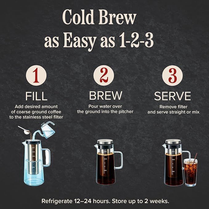 Cold Brew Coffee Maker Pitcher - 1.4L/48oz Glass Carafe with Lid and Spout and Removable Stainless Steel Filter - Cold Brew Maker and Iced Tea Pitcher for Fridge by Classic Cuisine